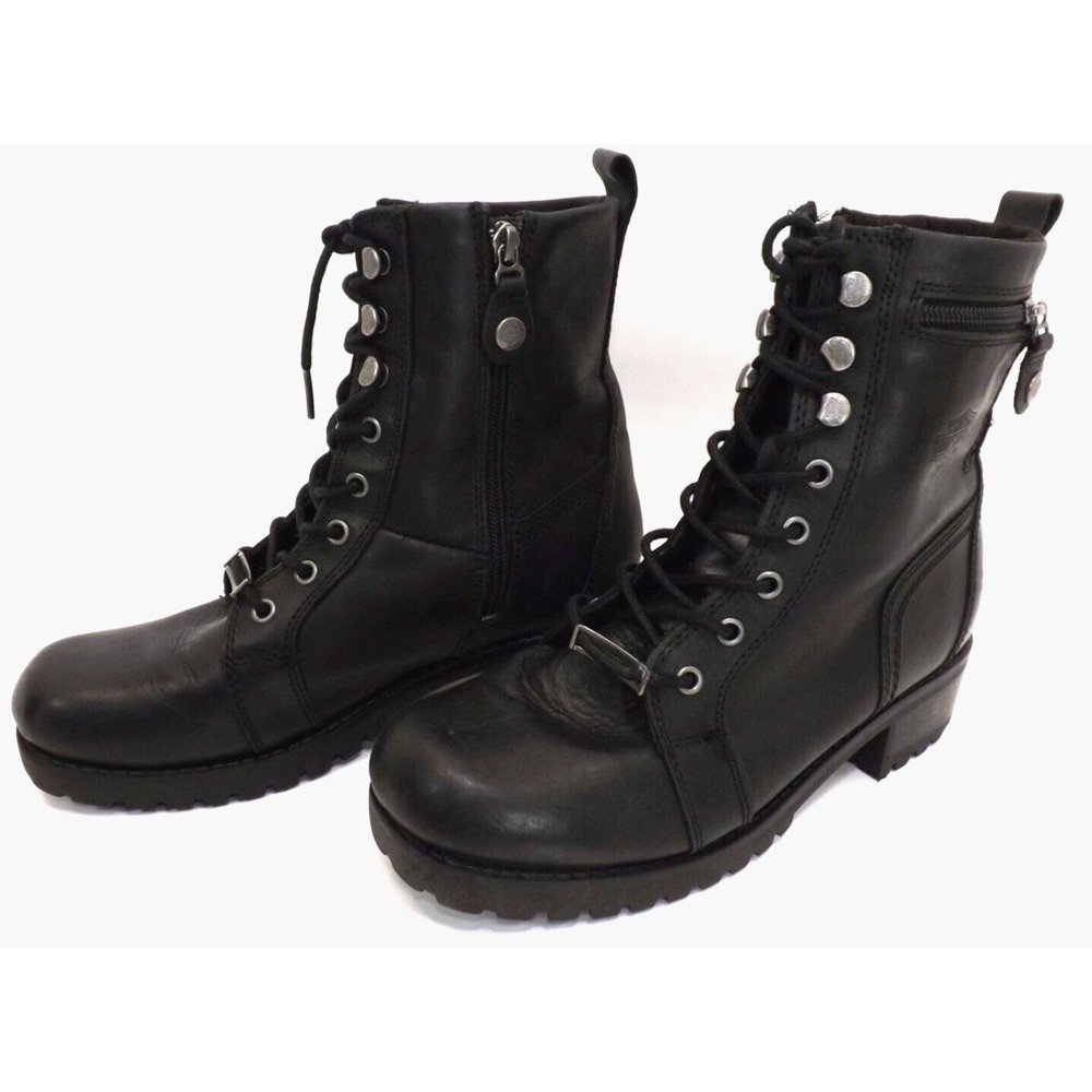 Harley-Davidson Womens Black Leather Lace  Motorcycle Boots 9.5 M Side Zipper 41